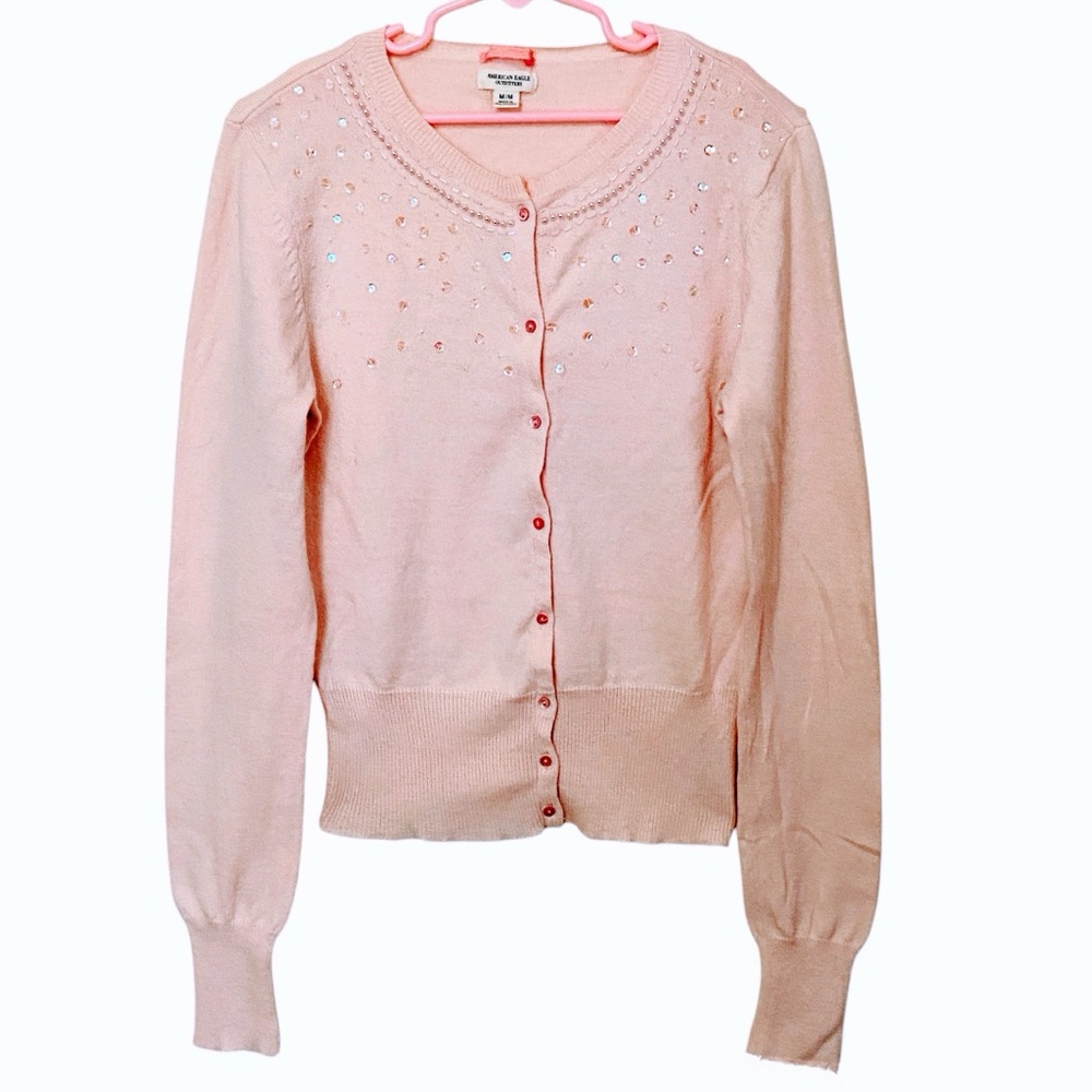 American Eagle Pink Embellished Cardigan Sweater Sequin Rhinestone Button Up Med